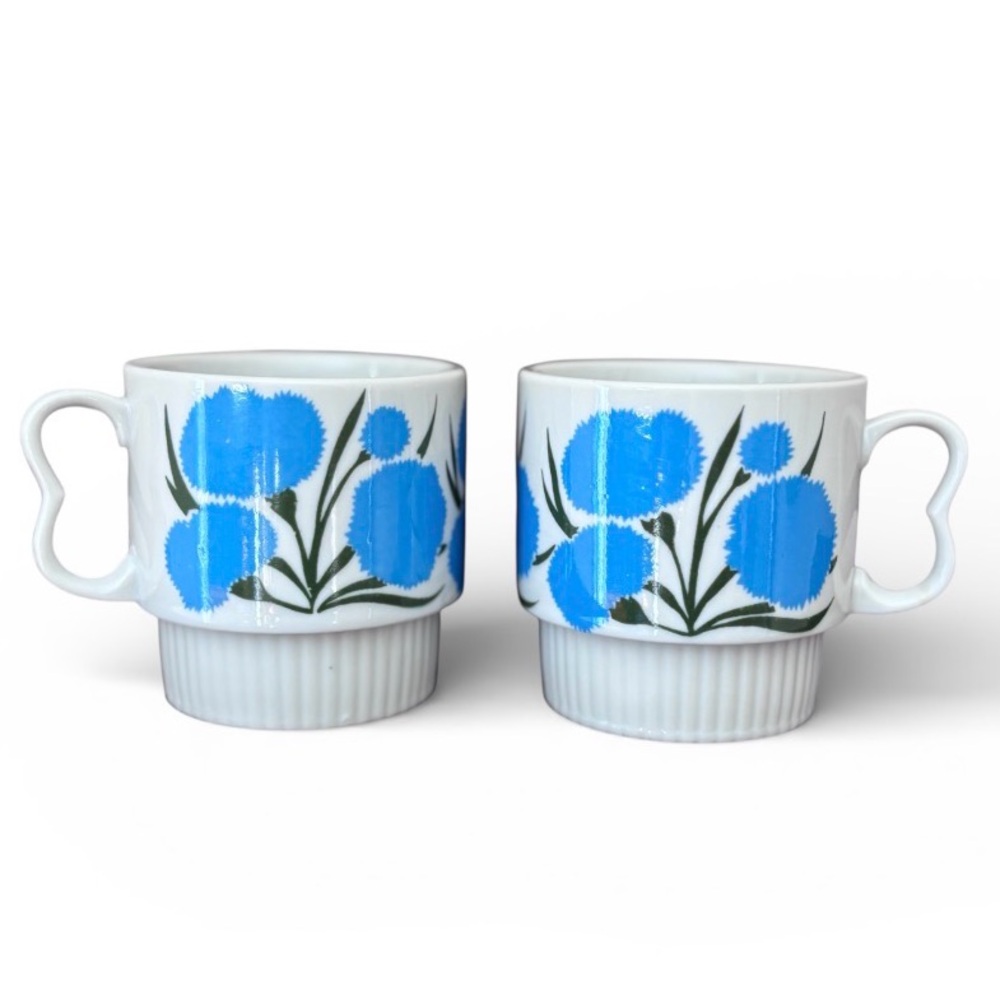 Vintage Stackable Coffee Mugs Japan Blue Carnation